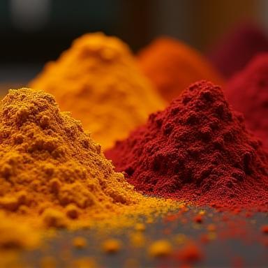 Still frame from a video showing colorful spices used for dyeing yarns